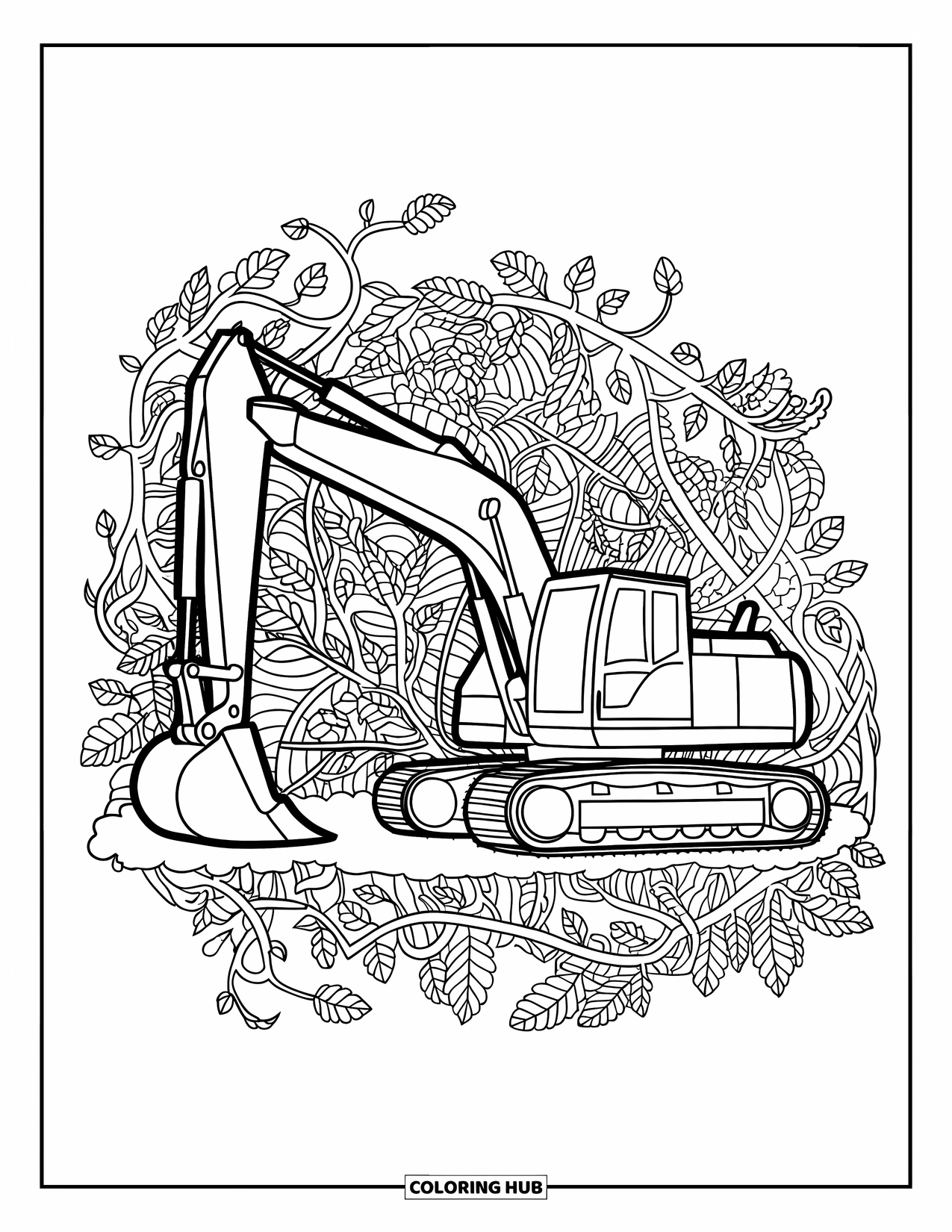 Construction Truck Coloring Page for Adults: An excavator stands among twisting vines and leaves on textured ground