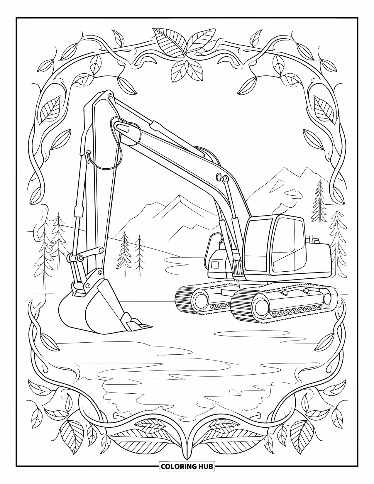 Construction Truck Coloring Page for Adults: An excavator works in nature surrounded by vines and mountains