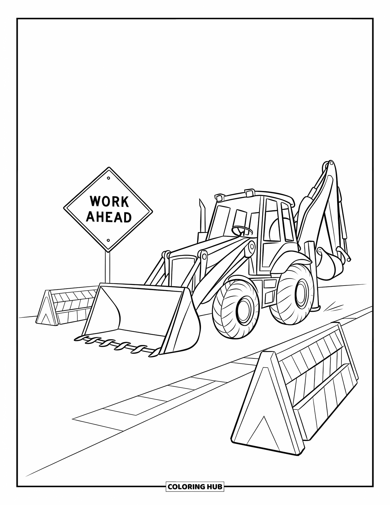 Construction Truck Coloring Page for Kids: A backhoe digs near barriers and a ìWork Aheadî sign
