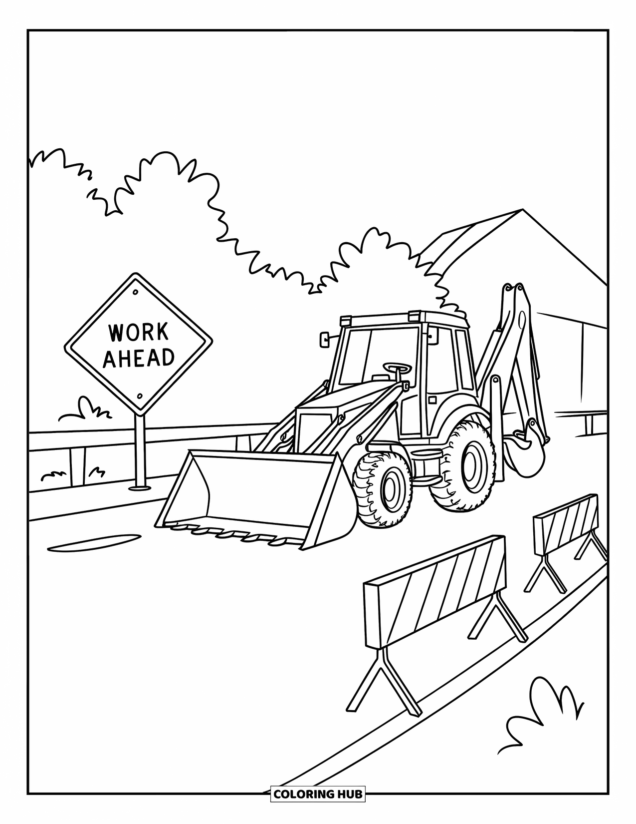Construction Truck Coloring Page for Kids: A backhoe lifts dirt near trees and a ìWork Aheadî sign