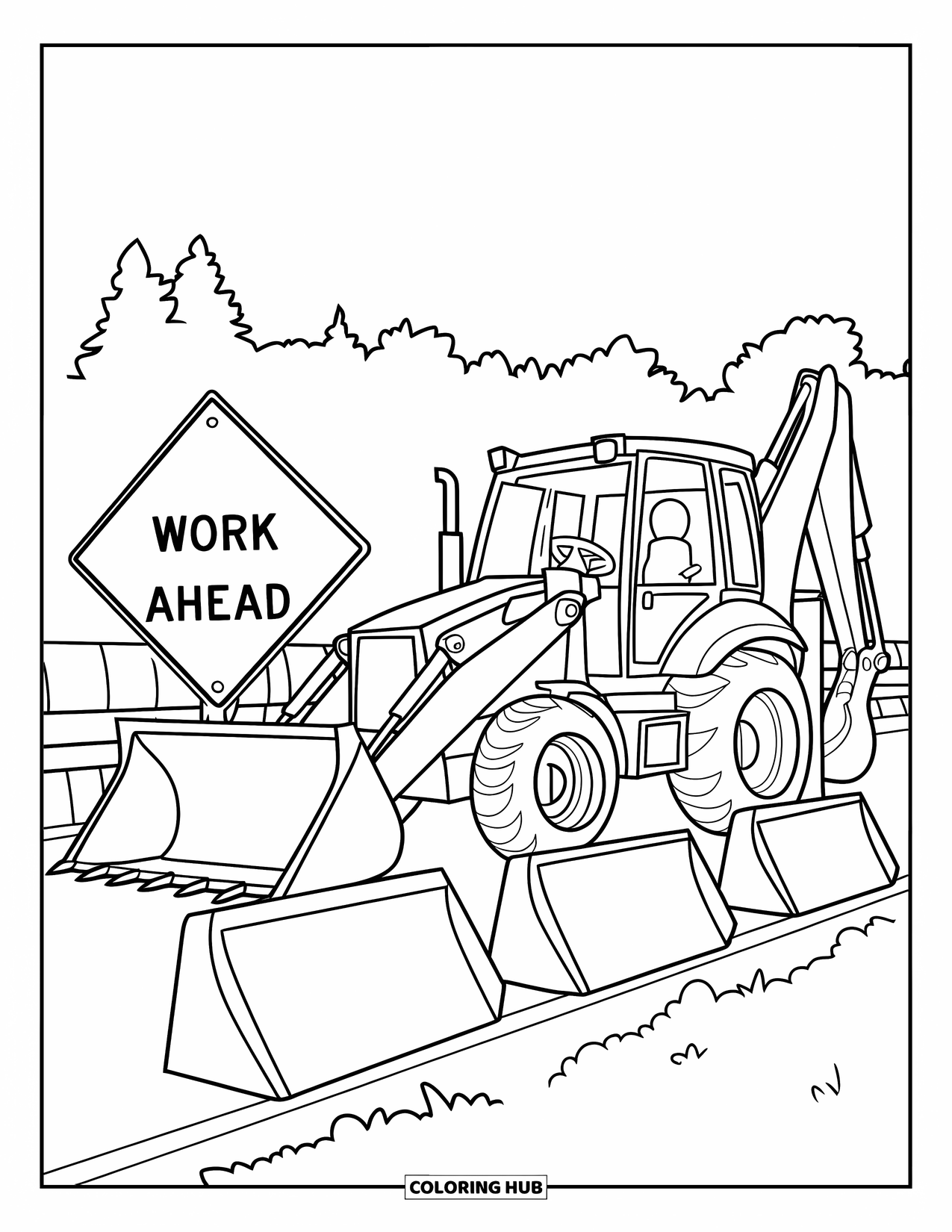 Construction Truck Coloring Page for Kids: A backhoe operates on a sunny road beside safety signs