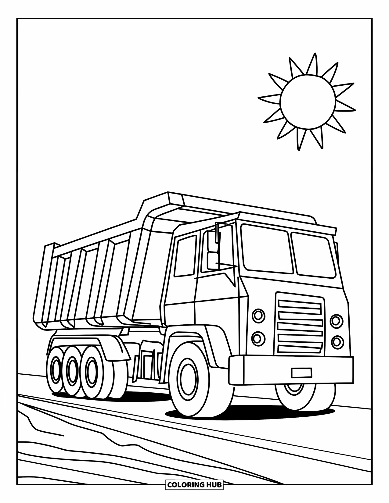 Construction Truck Coloring Page for Kids: A big dump truck drives under the sun on a flat road