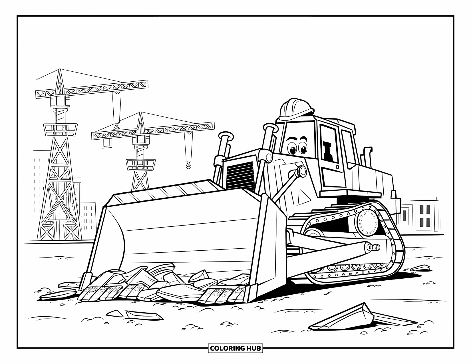 Construction Truck Coloring Page for Kids: A bulldozer wearing a hard hat works beneath city cranes