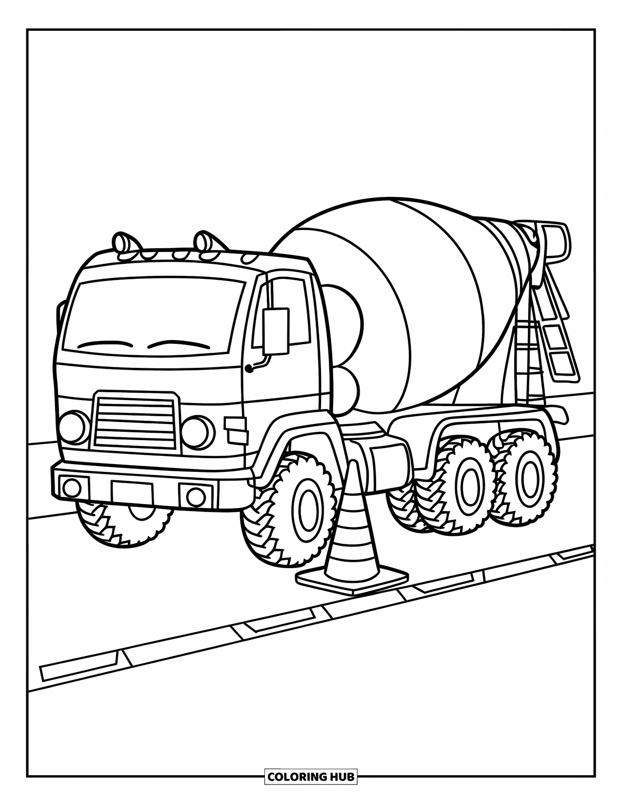Construction Truck Coloring Page for Kids: A cement mixer and cone sit along a sunny roadside