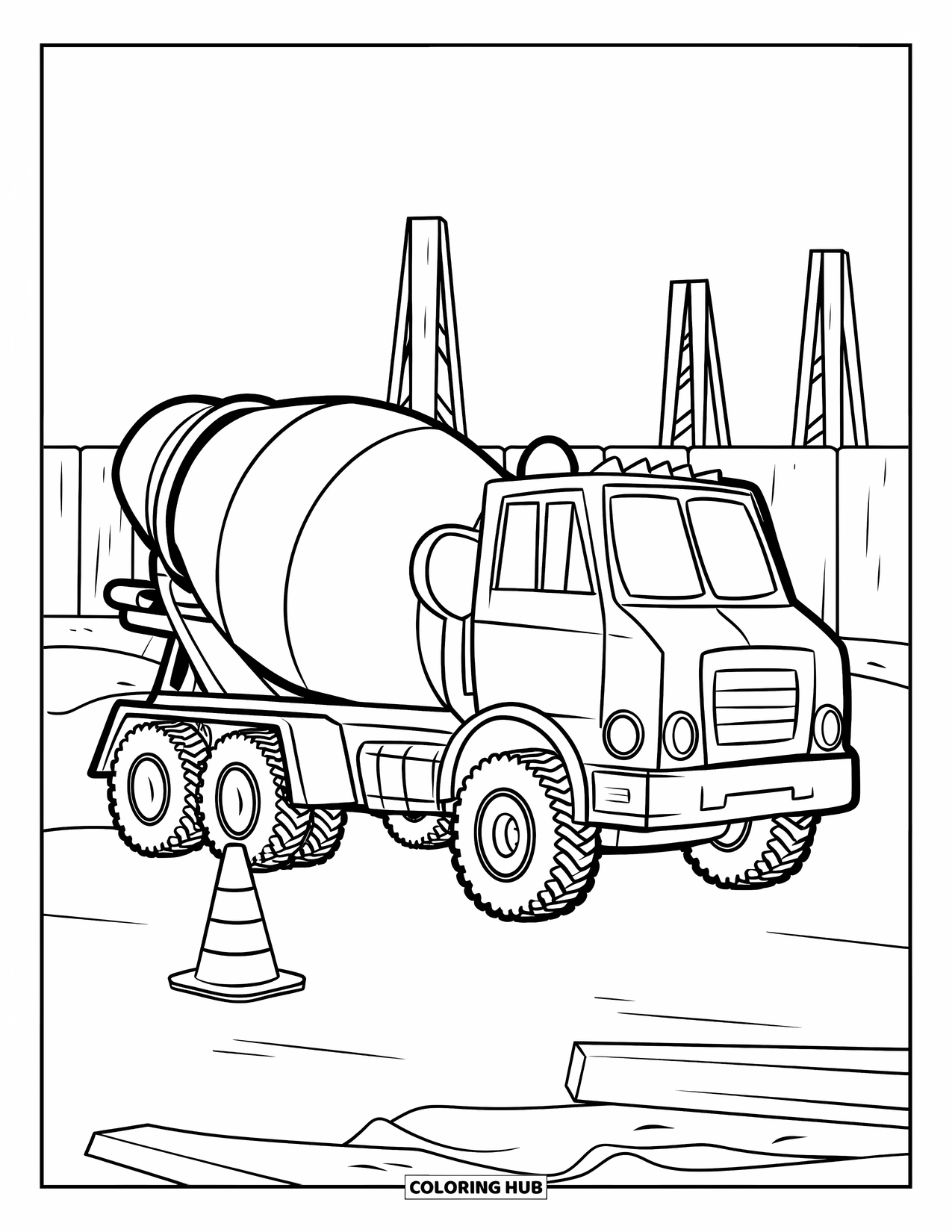 Construction Truck Coloring Page for Kids: A cement mixer and cone stand near a fenced construction area