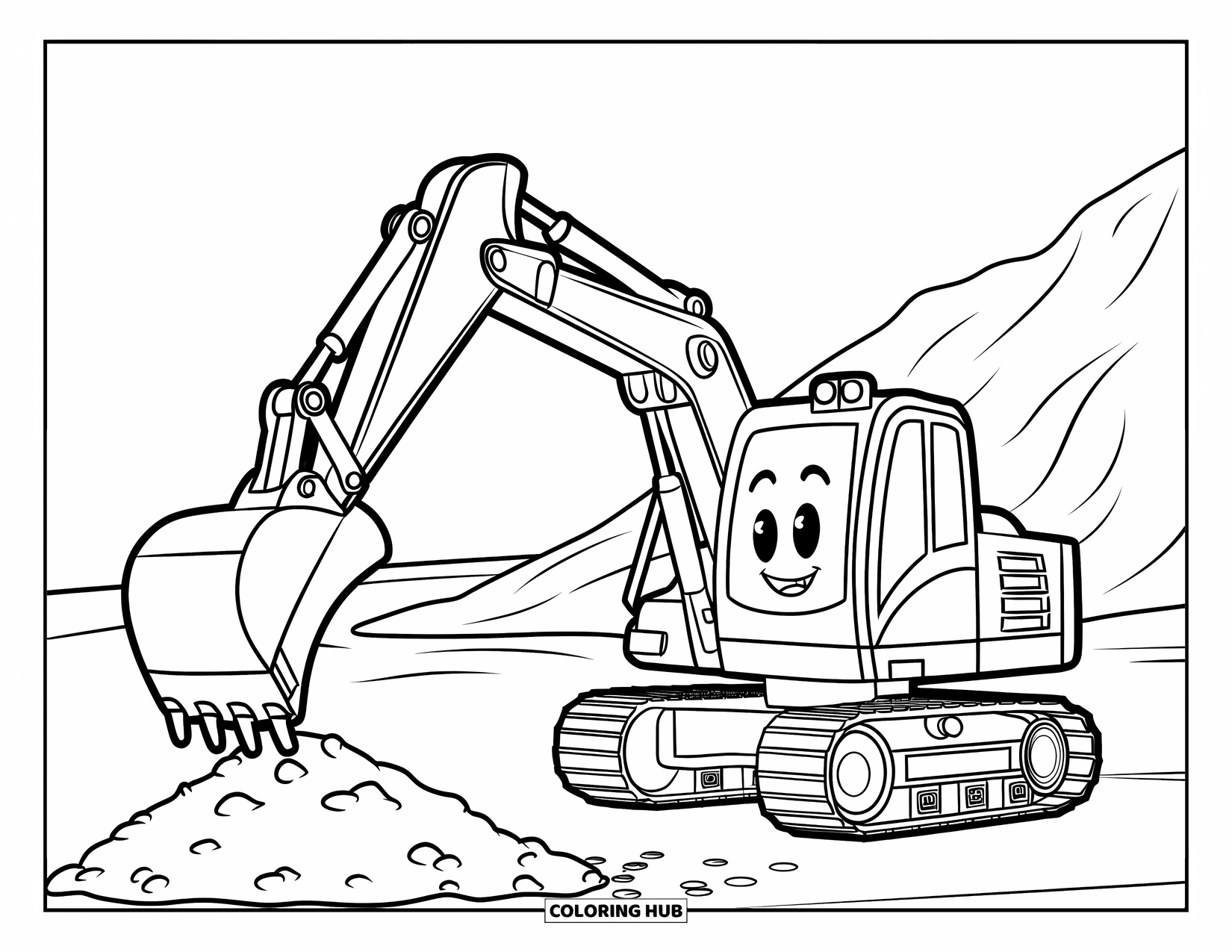 Construction Truck Coloring Page for Kids: A cheerful excavator toy lifts dirt at a construction site