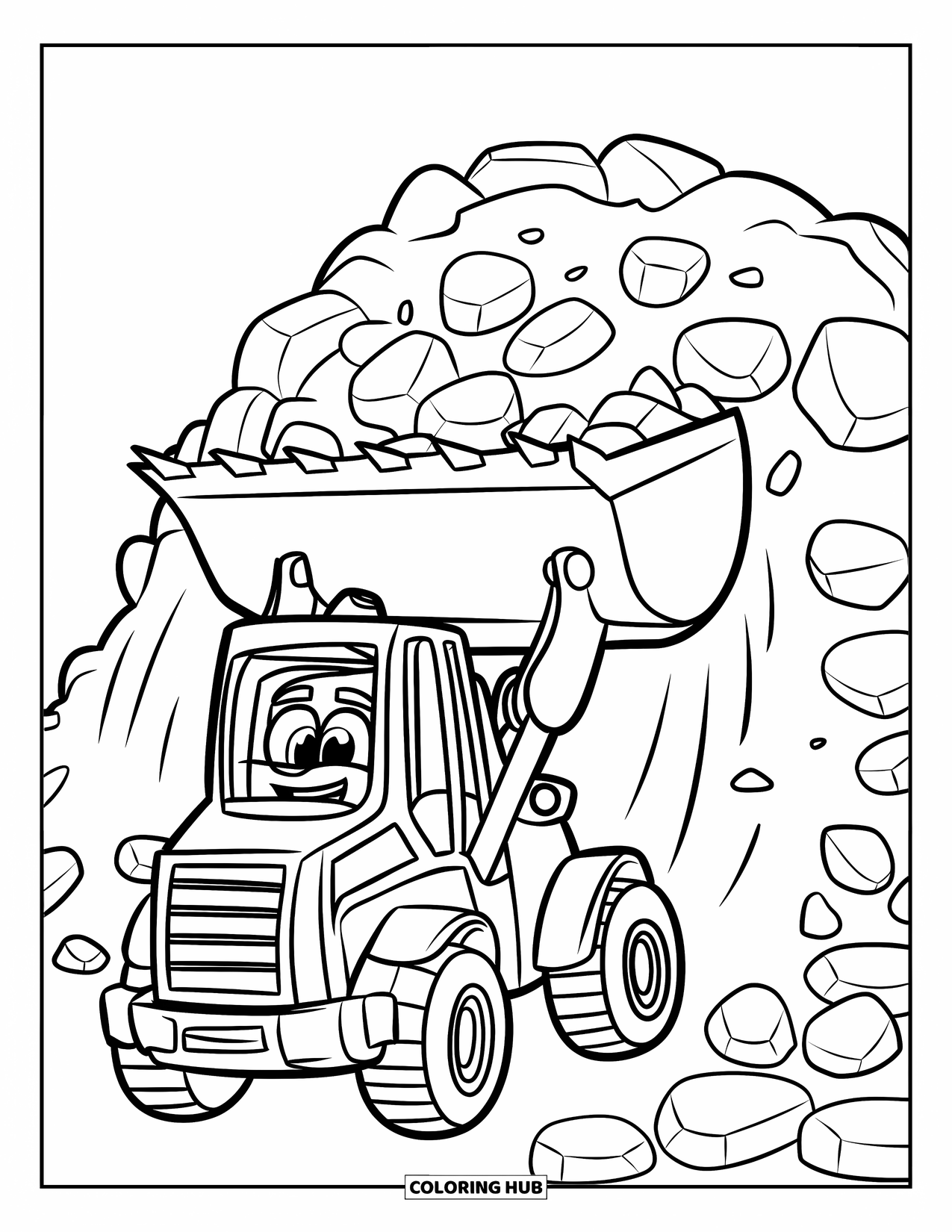 Construction Truck Coloring Page for Kids: A cheerful front loader with a helmet moves rocks aside