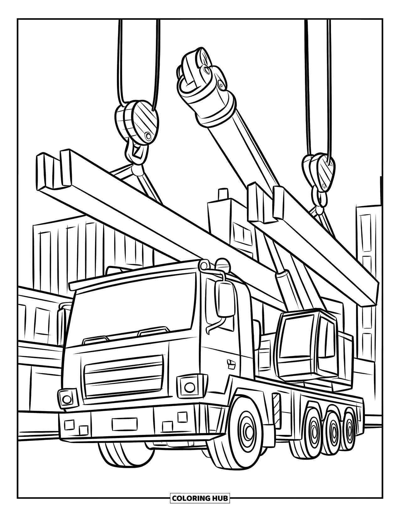 Construction Truck Coloring Page for Kids: A city crane lifts beams high above the skyline