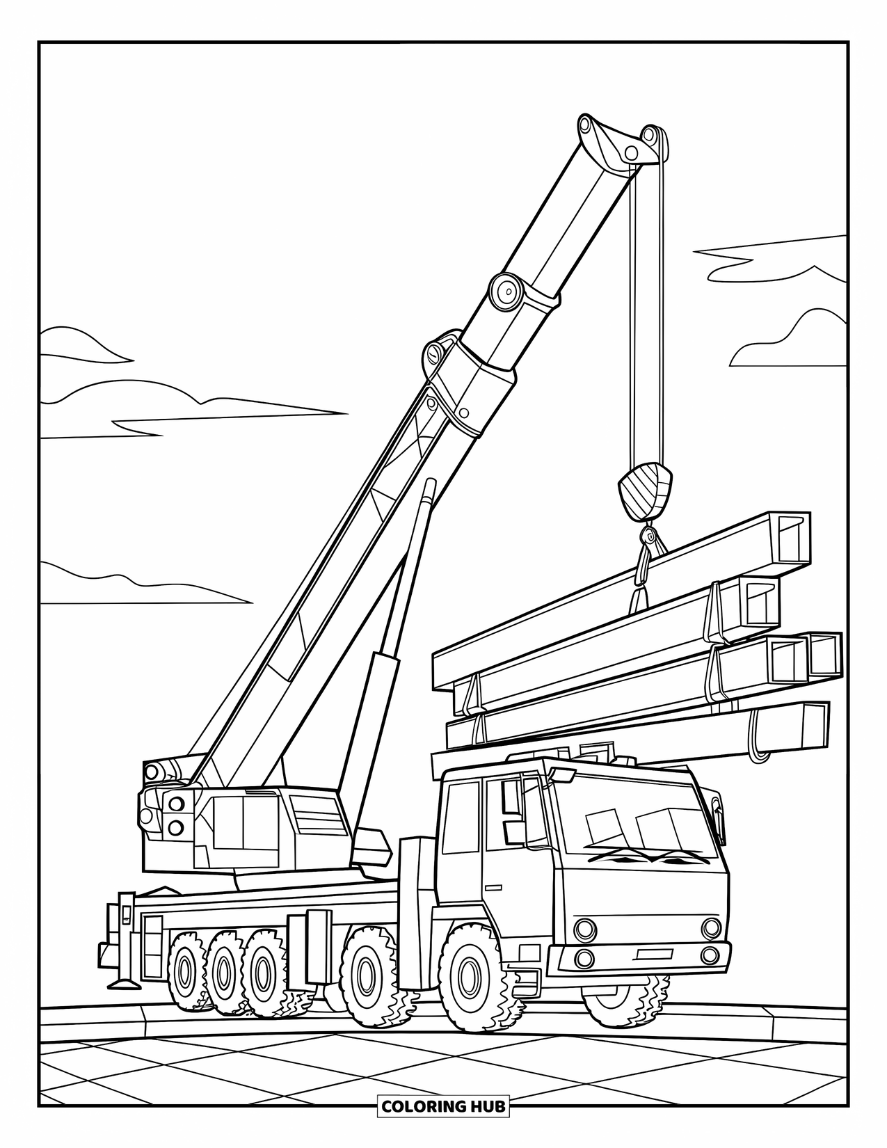 Construction Truck Coloring Page for Kids: A crane lifts beams under a bright sky with few clouds