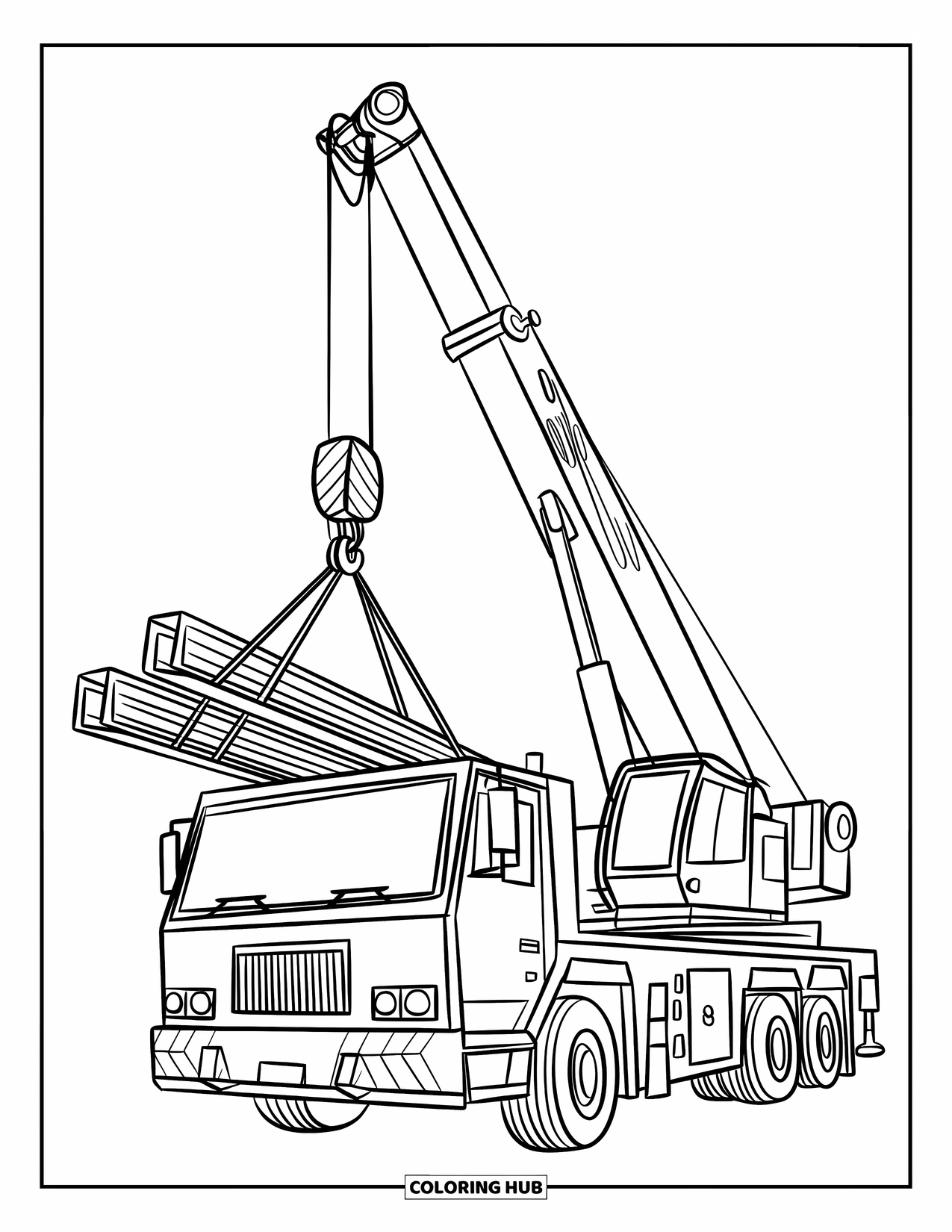Construction Truck Coloring Page for Kids: A crane lifts steel beams high with cables and hooks