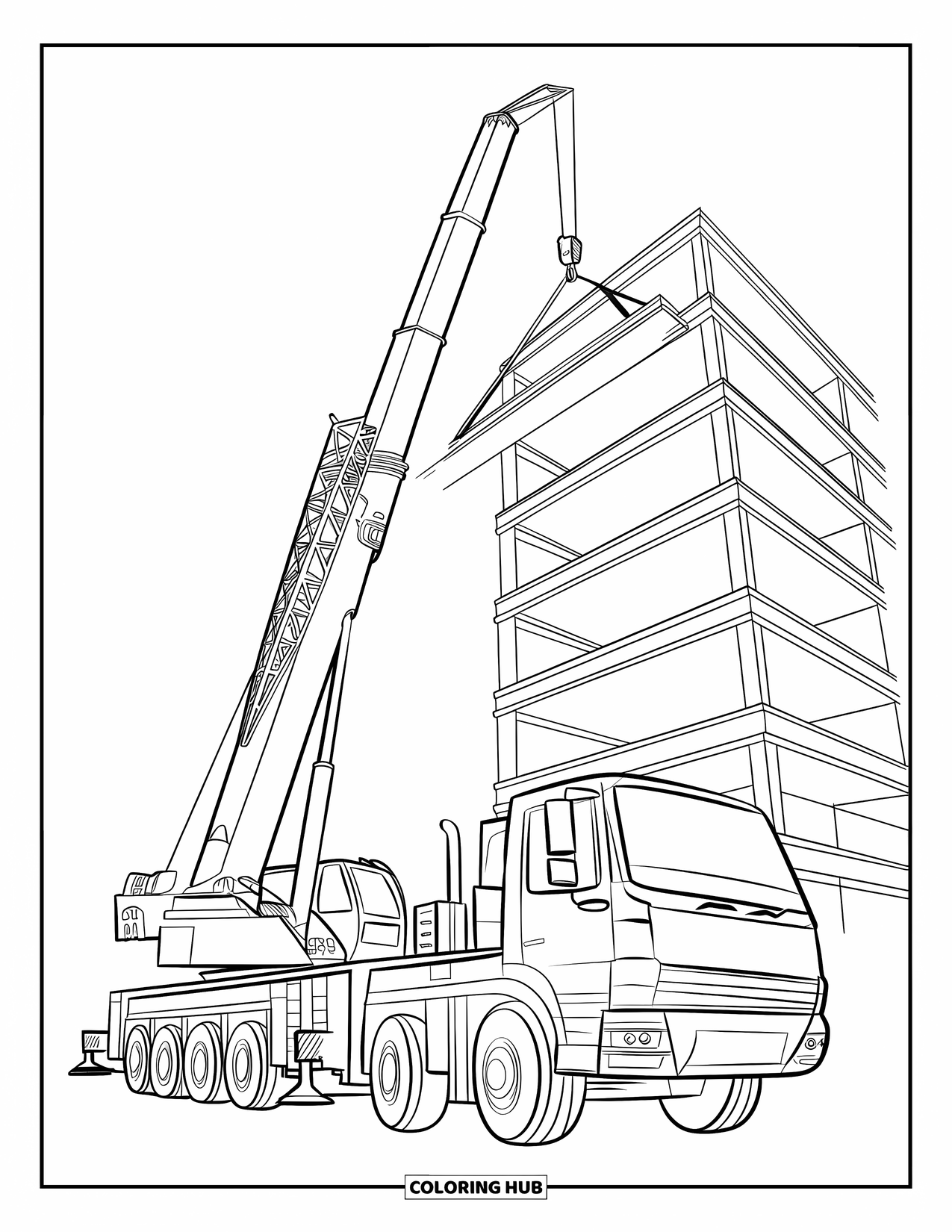 Construction Truck Coloring Page for Kids: A crane truck lifts a steel beam above a tall building