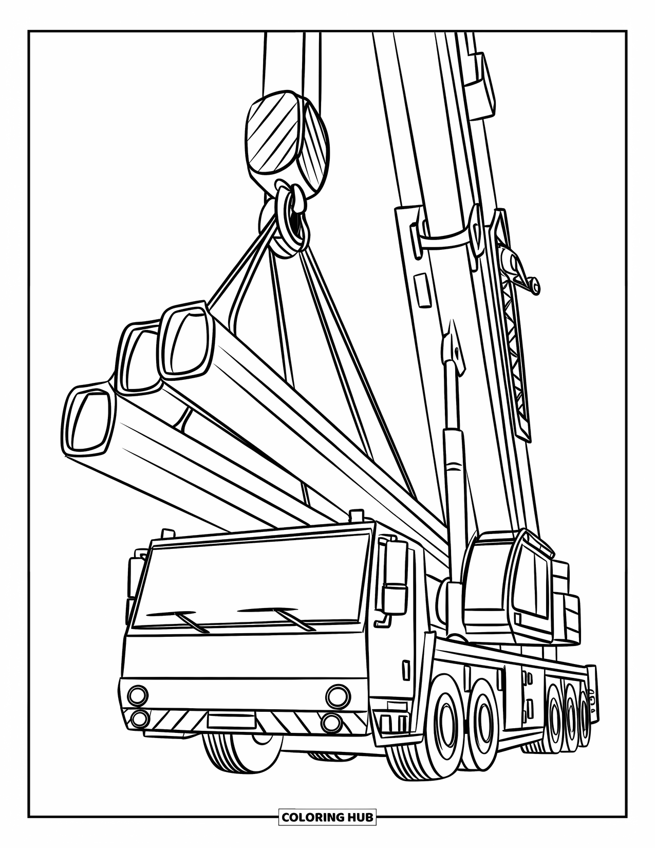 Construction Truck Coloring Page for Kids: A crane truck raises beams with sturdy cables and hooks