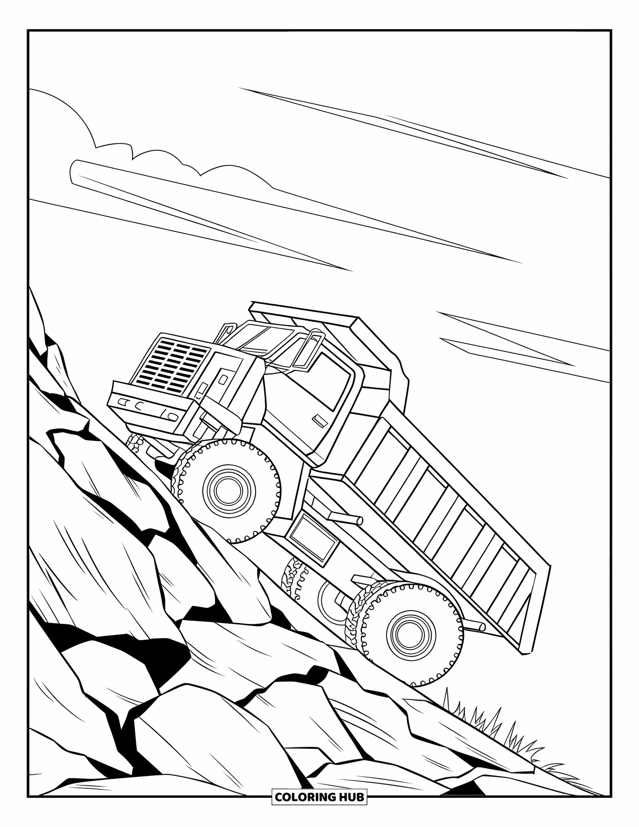 Construction Truck Coloring Page for Kids: A dump truck climbs a rocky hillside surrounded by large boulders