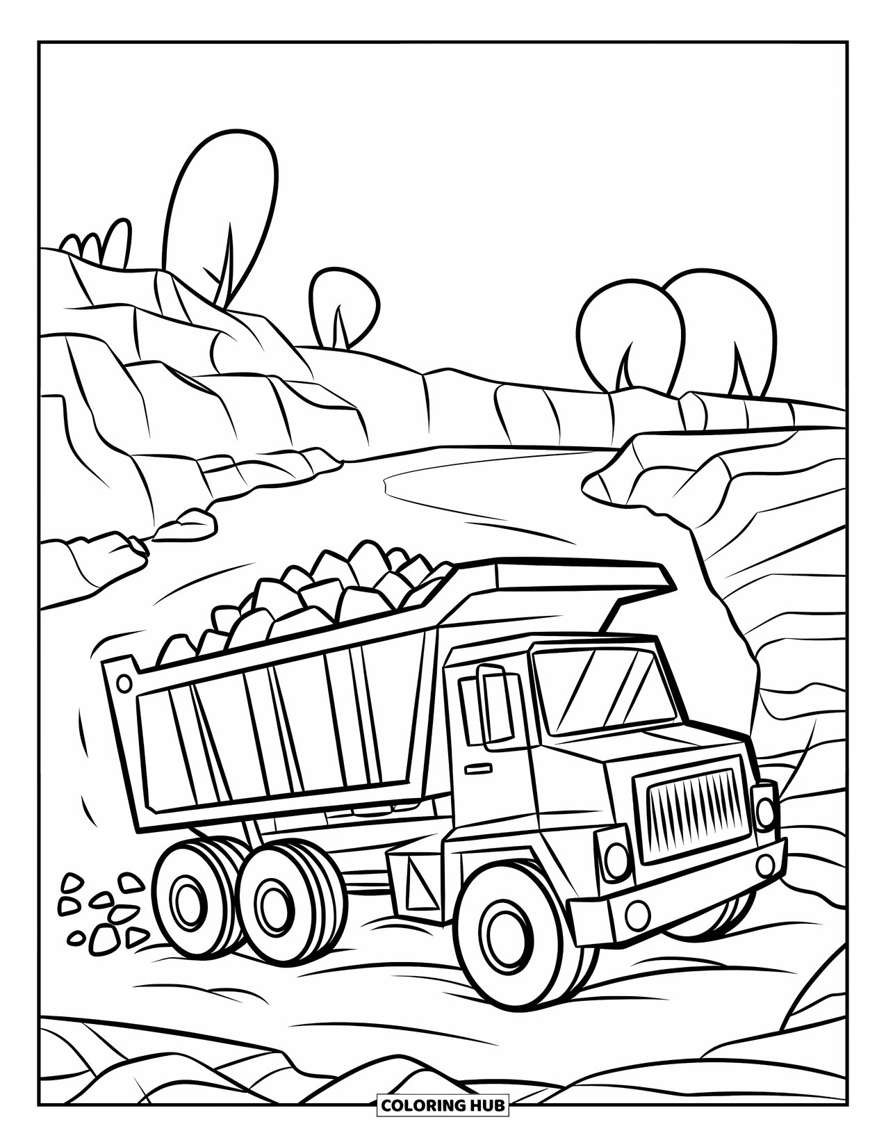 Construction Truck Coloring Page for Kids: A dump truck drives over rocks with simple trees behind