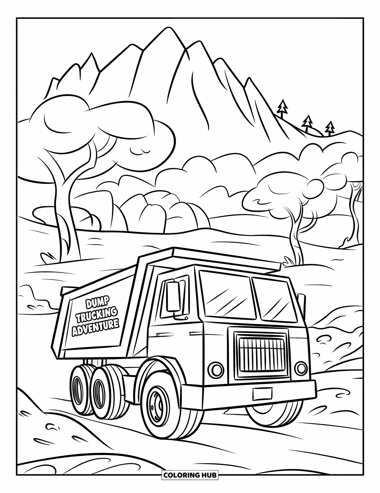 Construction Truck Coloring Page for Kids: A dump truck drives past trees toward a distant mountain