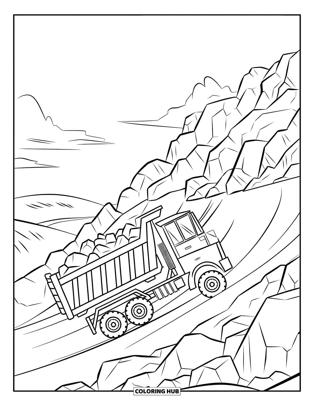 Construction Truck Coloring Page for Kids: A dump truck rolls over rocky terrain beneath clear skies