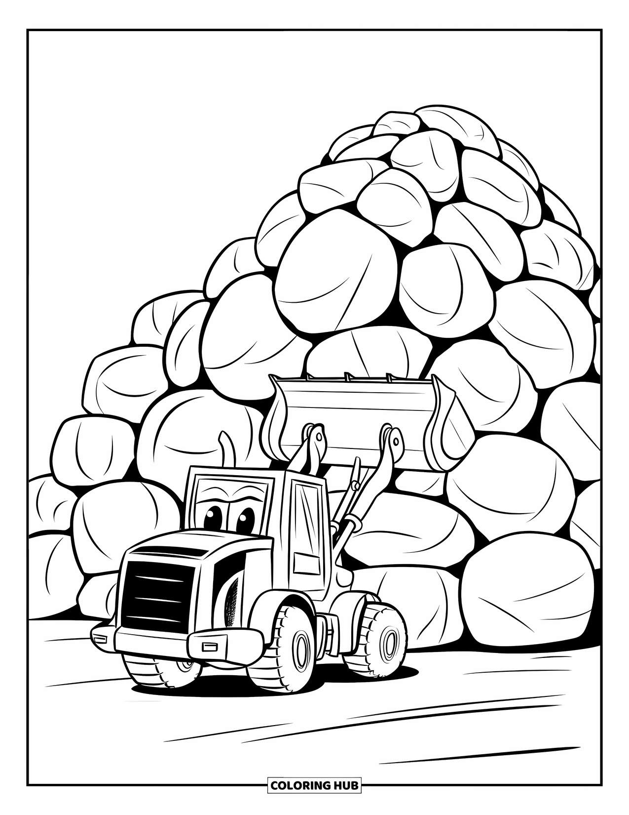 Construction Truck Coloring Page for Kids: A friendly front loader pushes round rocks smoothly