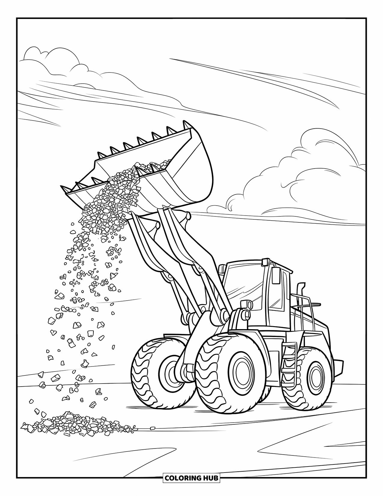 Construction Truck Coloring Page for Kids: A front loader lifts gravel beneath a bright, clear sky