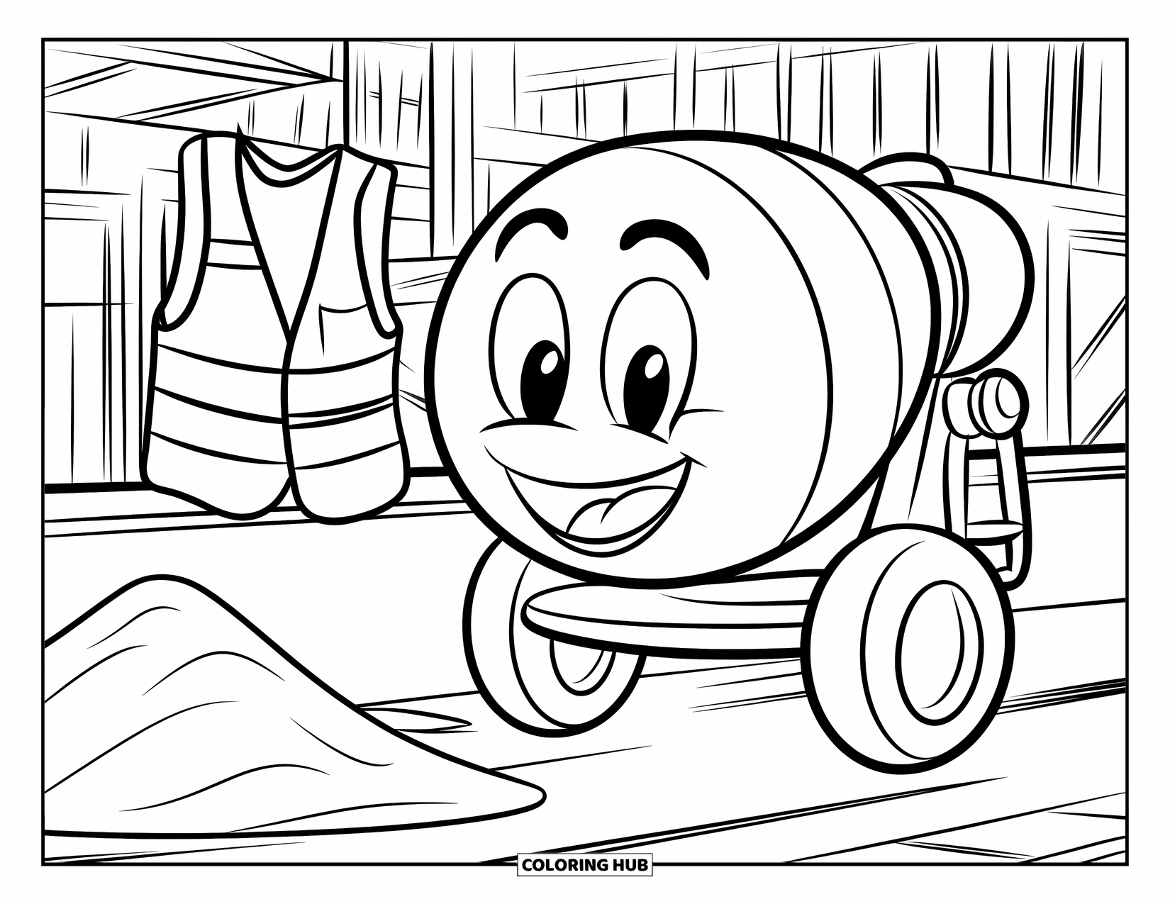 Construction Truck Coloring Page for Kids: A happy cement mixer works beside a pile of sand