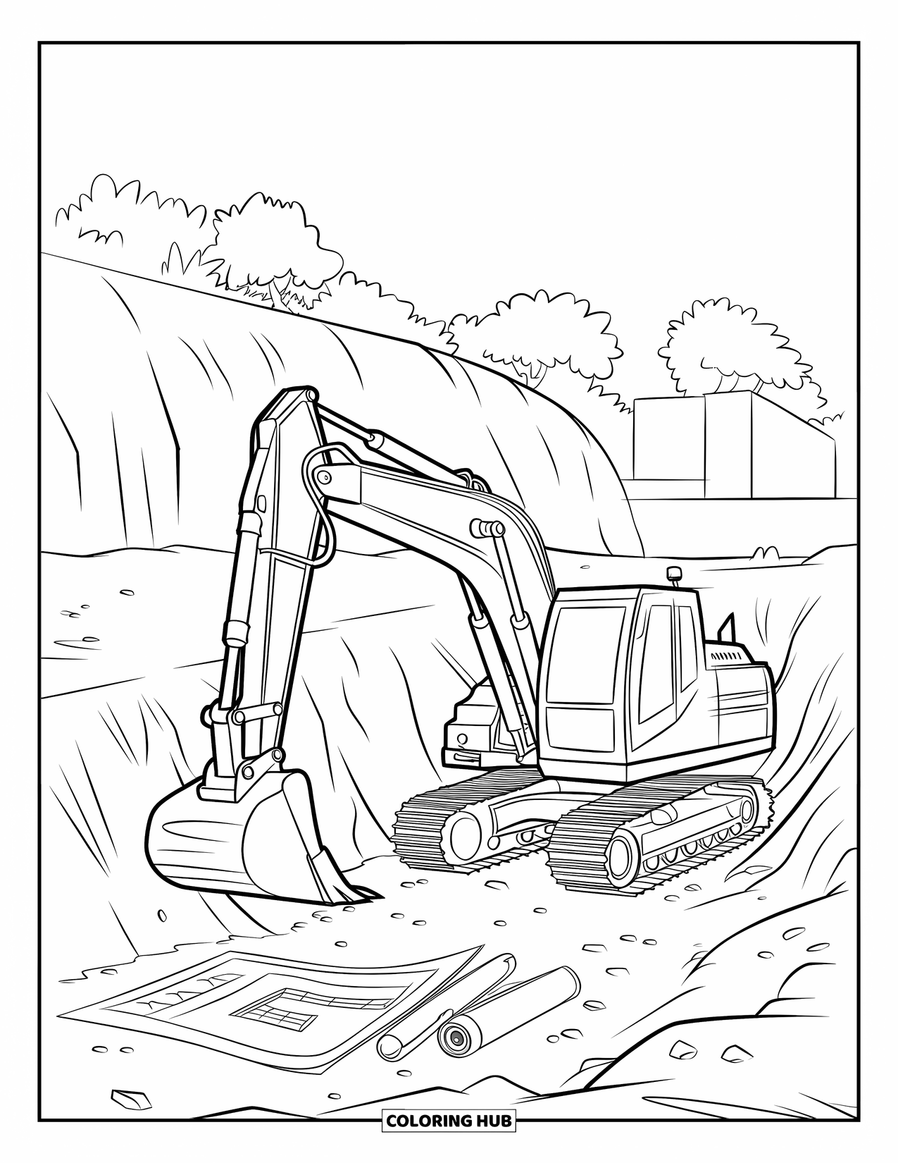 Construction Truck Coloring Page for Kids: An excavator digs deep into rocky ground beside a rolled blueprint