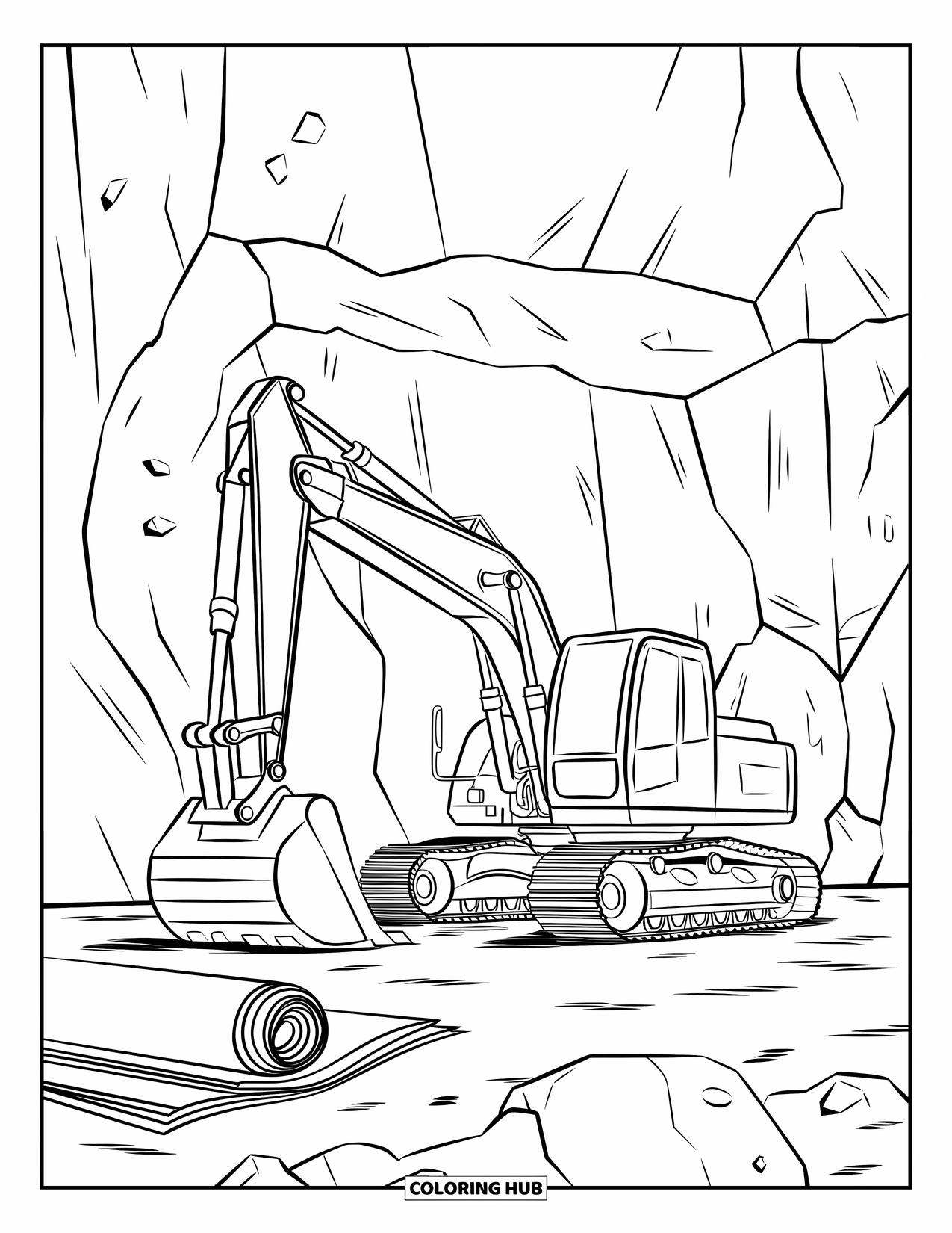 Construction Truck Coloring Page for Kids: An excavator digs through boulders with a rolled blueprint nearby