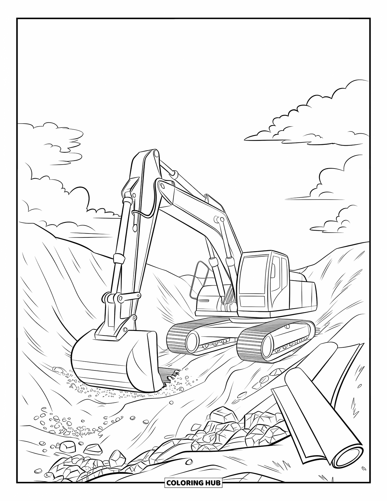 Construction Truck Coloring Page for Kids: An excavator digs under fluffy clouds with rocks scattered around
