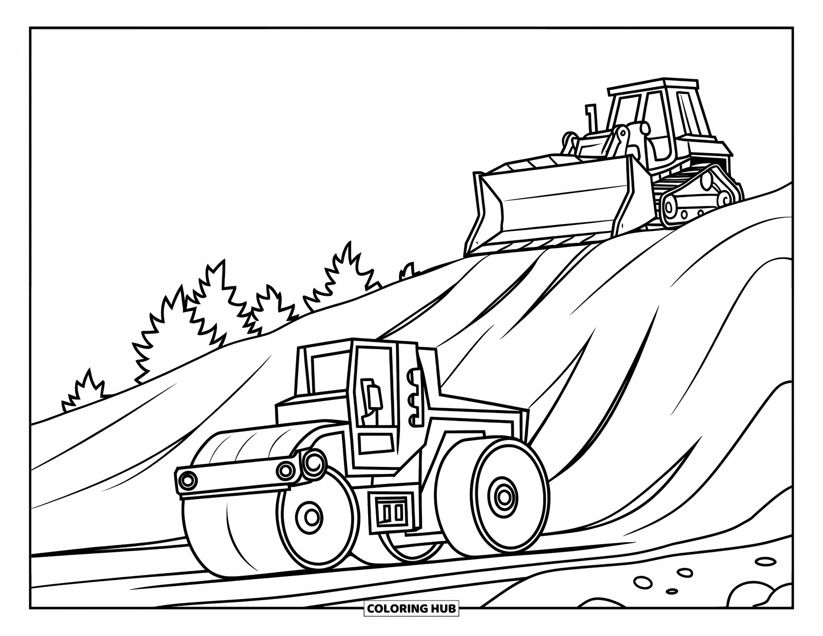 Construction Truck Coloring Page for Kids: Two machinesósteamroller and bulldozeróstand near a dirt hill