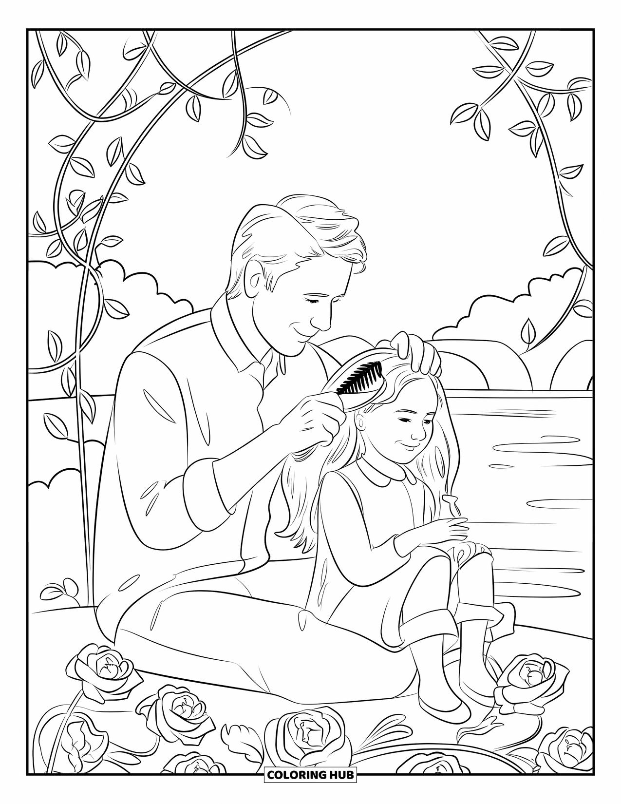 Dad And Daughter Coloring Page for Adults: He brushes her hair outdoors among flowers, water, and a quiet bridge