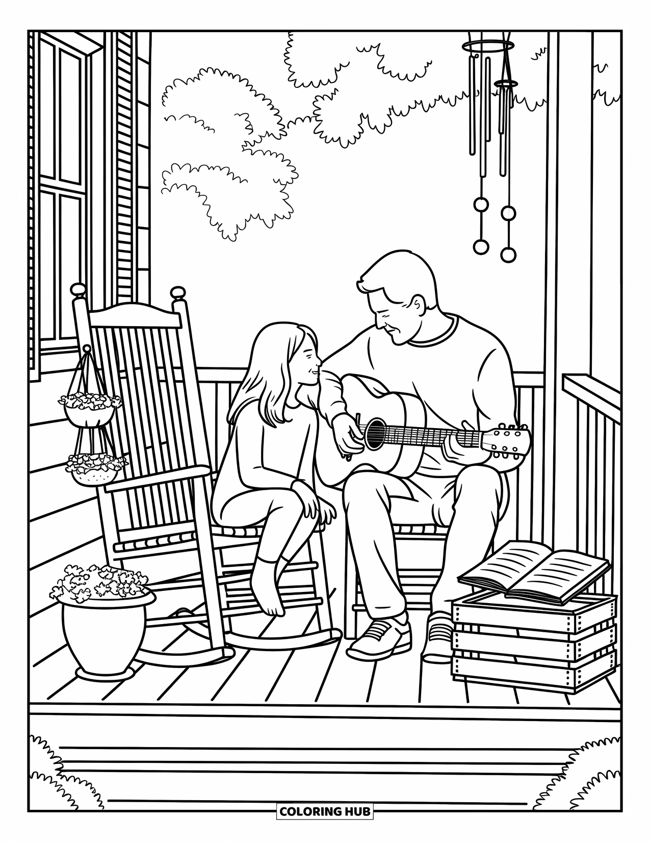 Dad And Daughter Coloring Page for Adults: Music fills the porch as they sing surrounded by flowers and trees