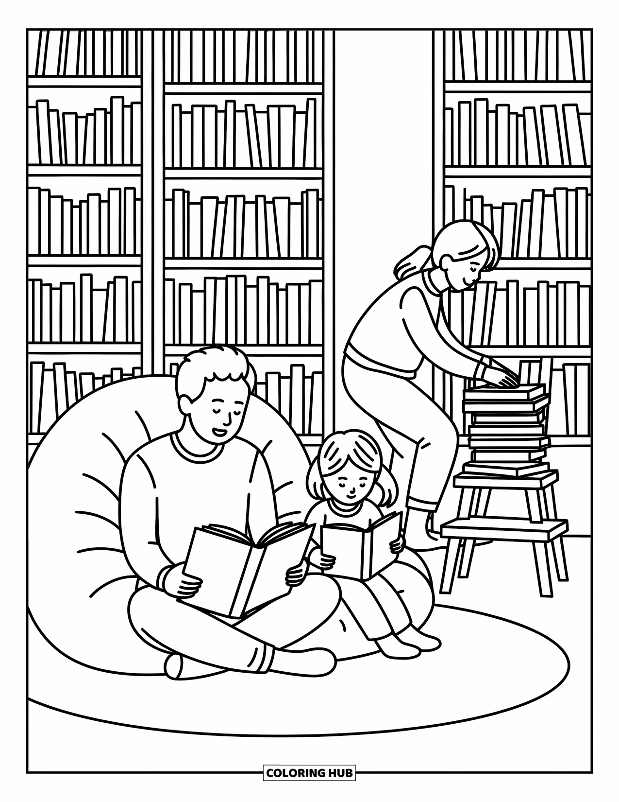 Dad And Daughter Coloring Page for Adults: Nestled in the corner, they enjoy books while a librarian shelves nearby