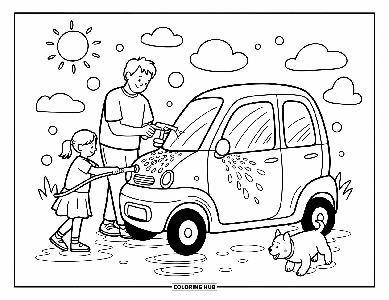 Dad And Daughter Coloring Page for Adults: Soapy fun fills the driveway as they clean the car side by side