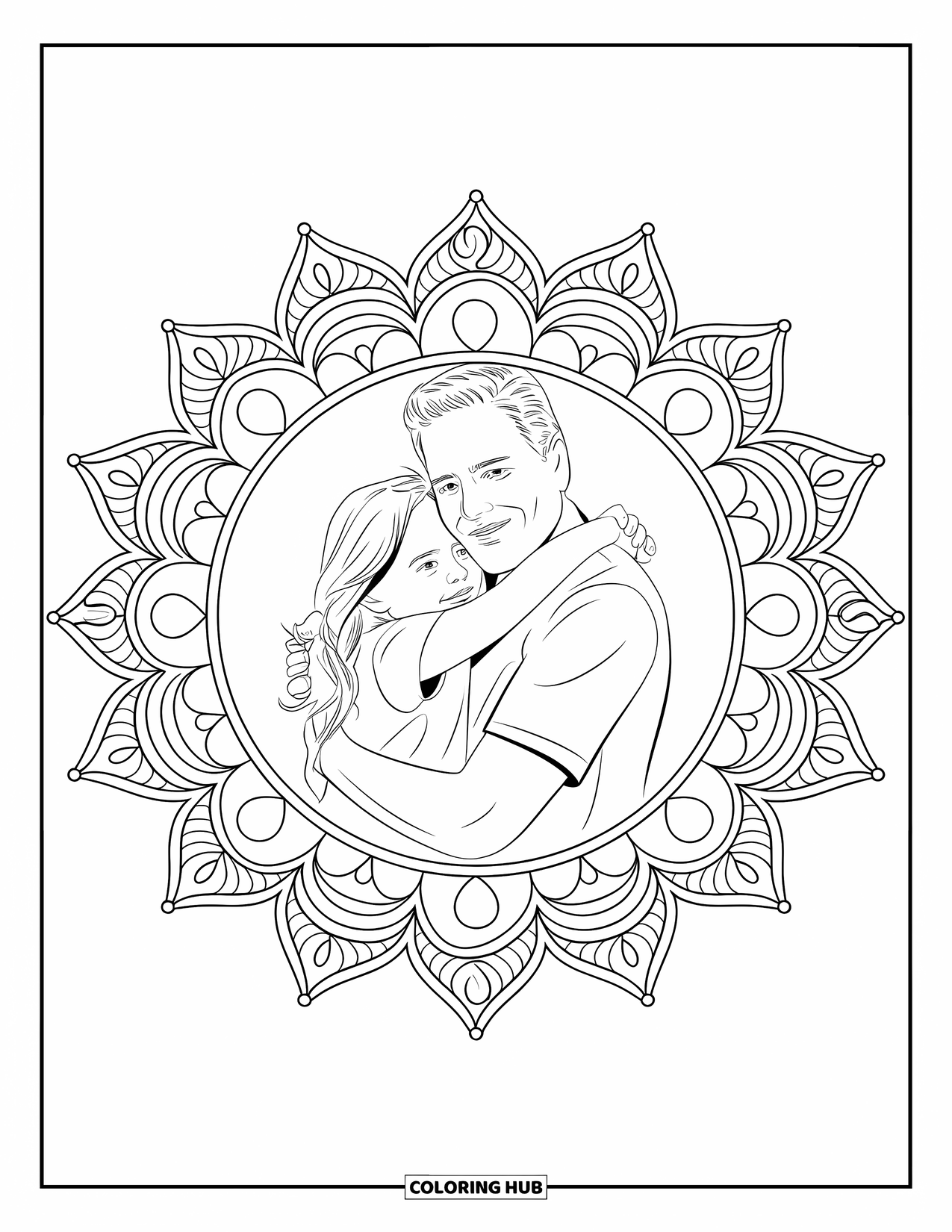 Dad And Daughter Coloring Page for Adults: They share a warm hug inside a circular mandala of soft patterns
