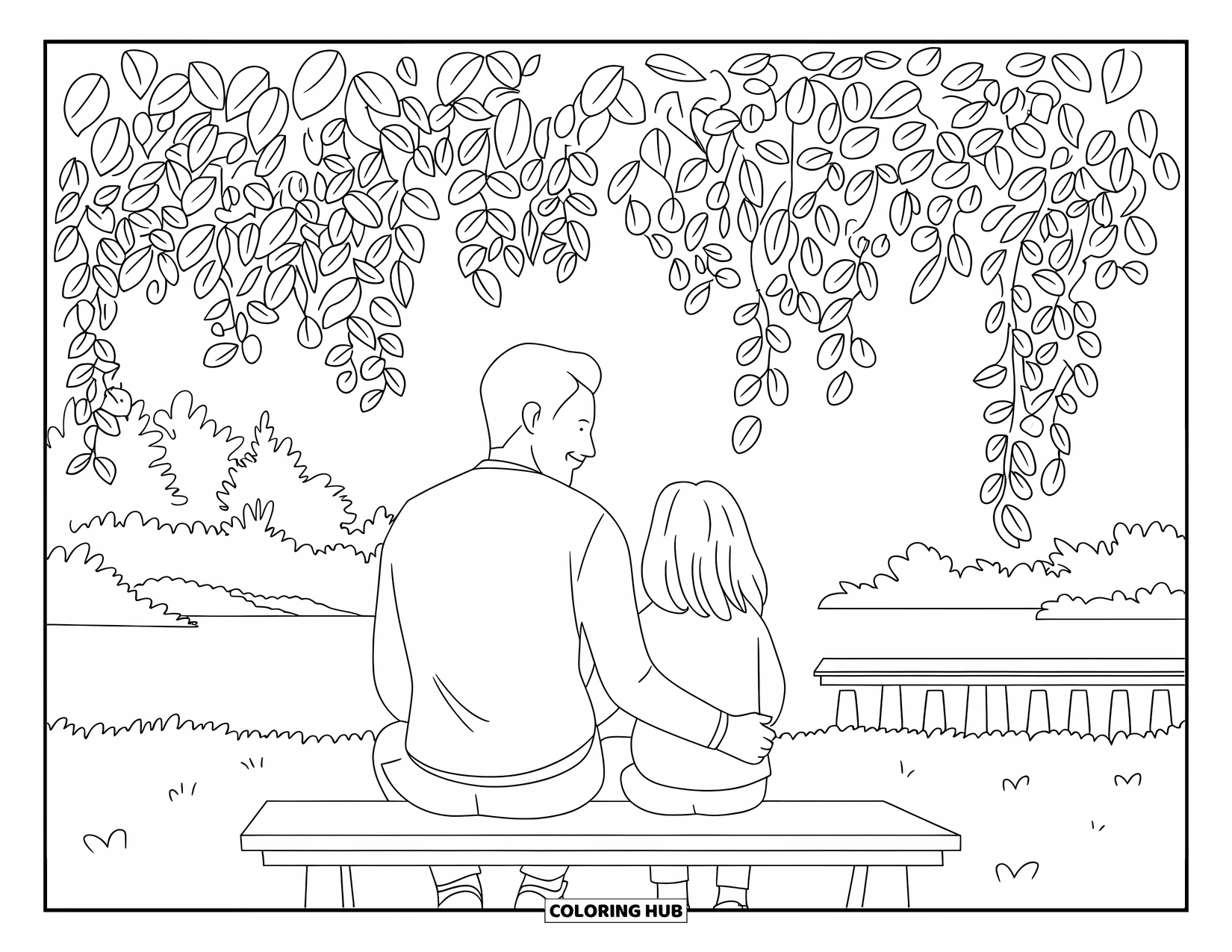 Dad And Daughter Coloring Page for Adults: They sit on a bench beneath ivy with trees, water, and a quiet bridge behind