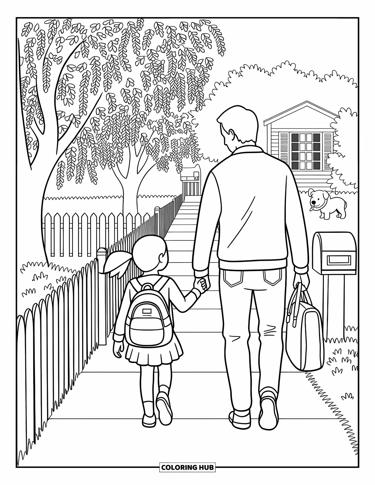 Dad And Daughter Coloring Page for Adults: They stroll hand-in-hand along the sidewalk as she waves to a friend