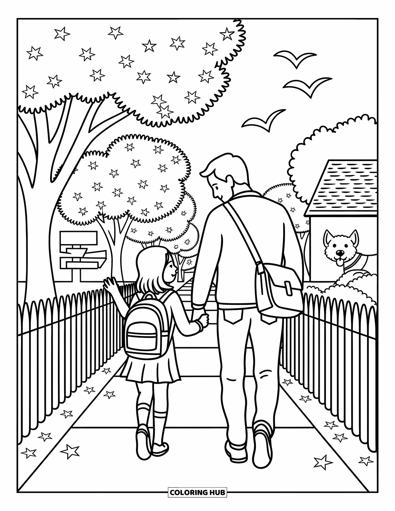 Dad And Daughter Coloring Page for Adults: They walk past fences and trees as a dog peeks from the yard