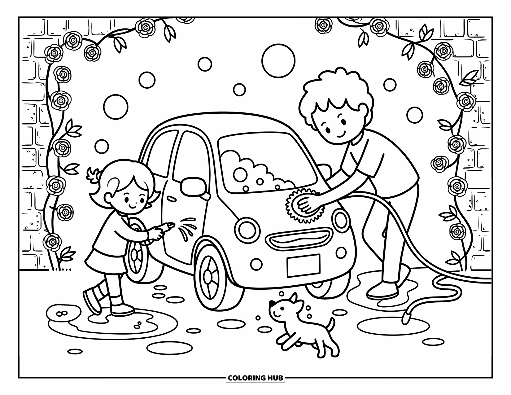Dad And Daughter Coloring Page for Adults: They wash the car together, laughing as bubbles float and water splashes