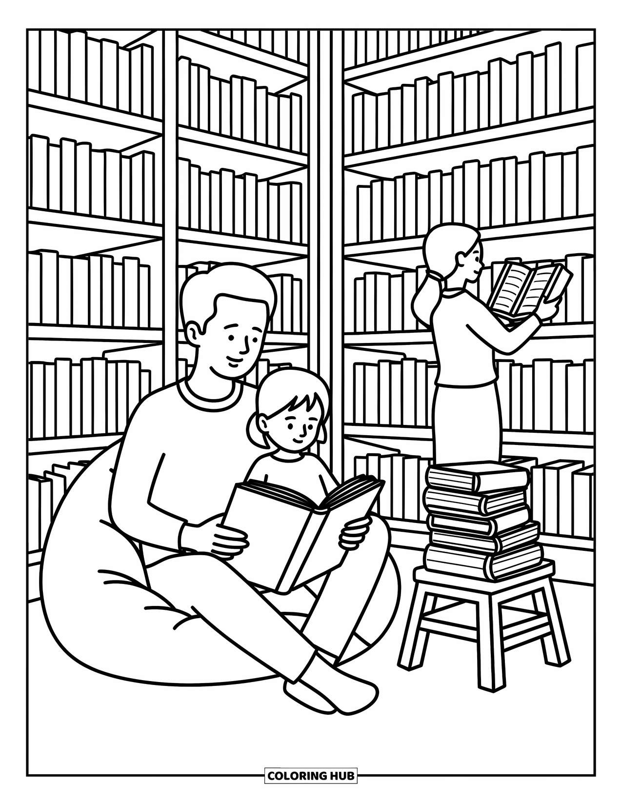 Dad And Daughter Coloring Page for Adults: Together they read in a cozy nook, surrounded by stories and shelves