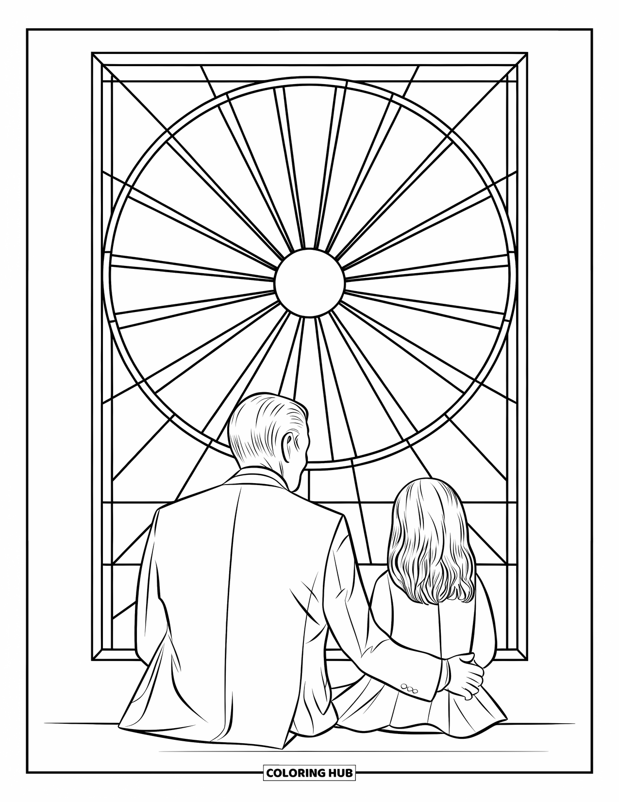 Dad And Daughter Coloring Page for Adults: Together they sit quietly beneath a sunburst window in a white room