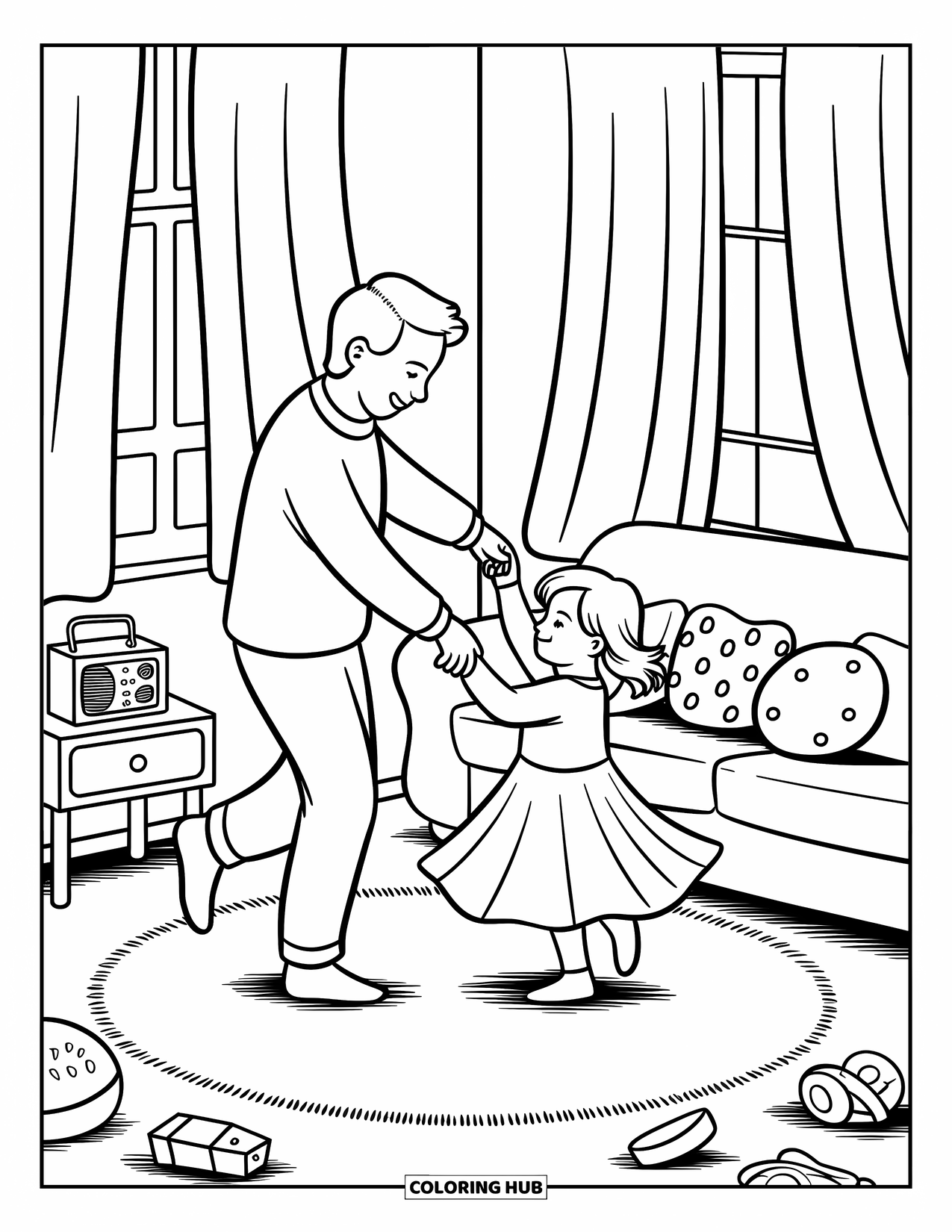 Dad And Daughter Coloring Page for Adults: Twirling together, they laugh under soft curtains and gentle music