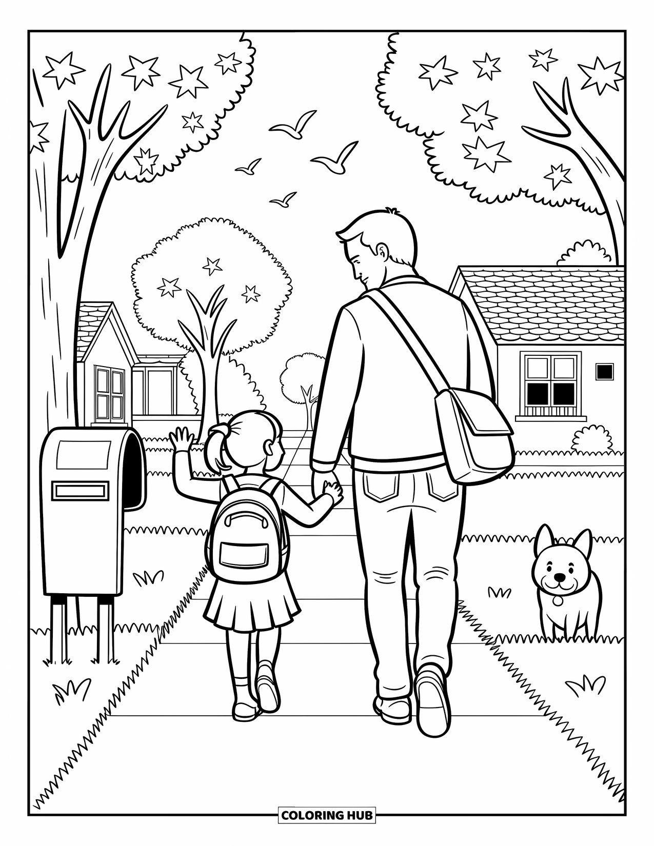 Dad And Daughter Coloring Page for Adults: Walking to school together, she waves while he carries his bag