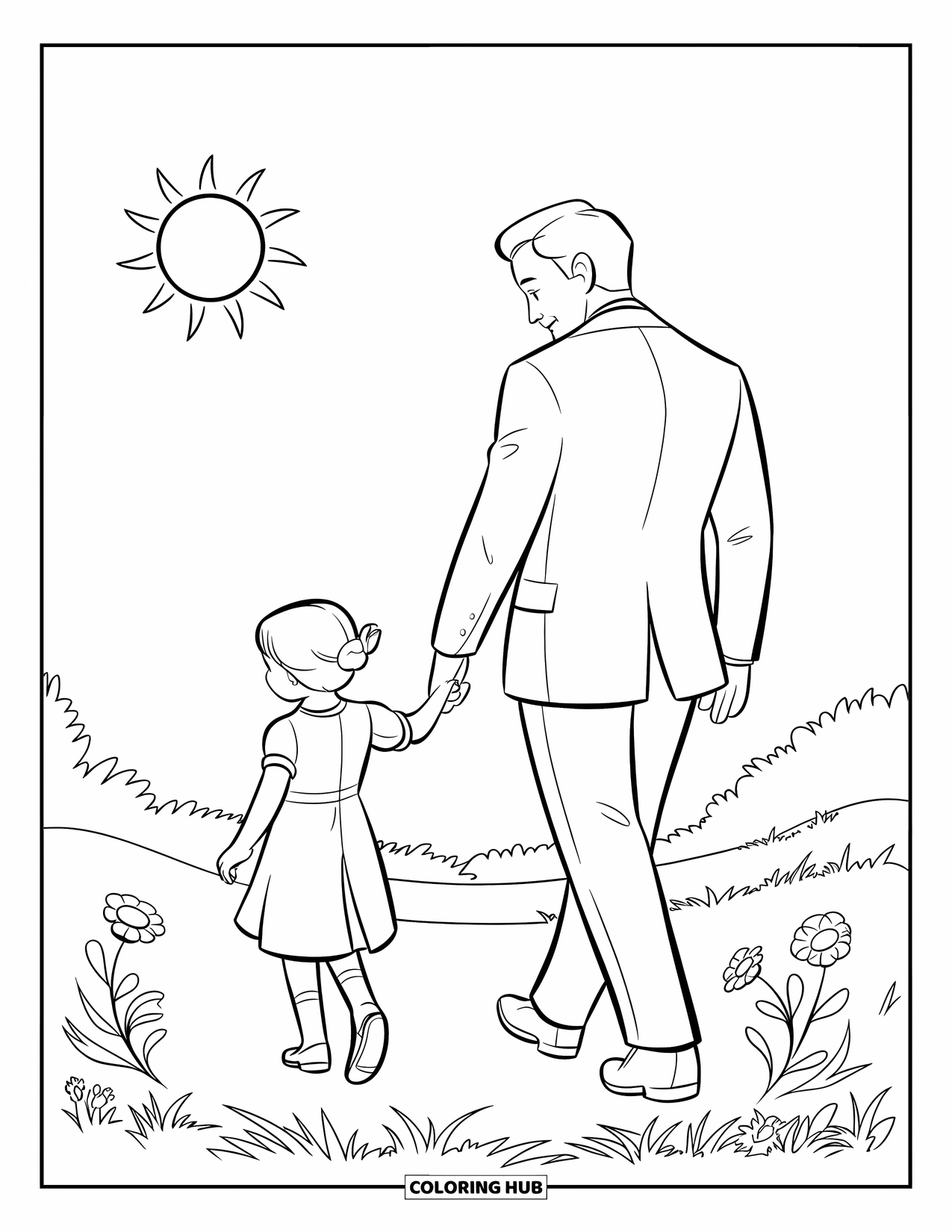 Dad And Daughter Coloring Page for Kids: A peaceful walk through the field with the sun shining down