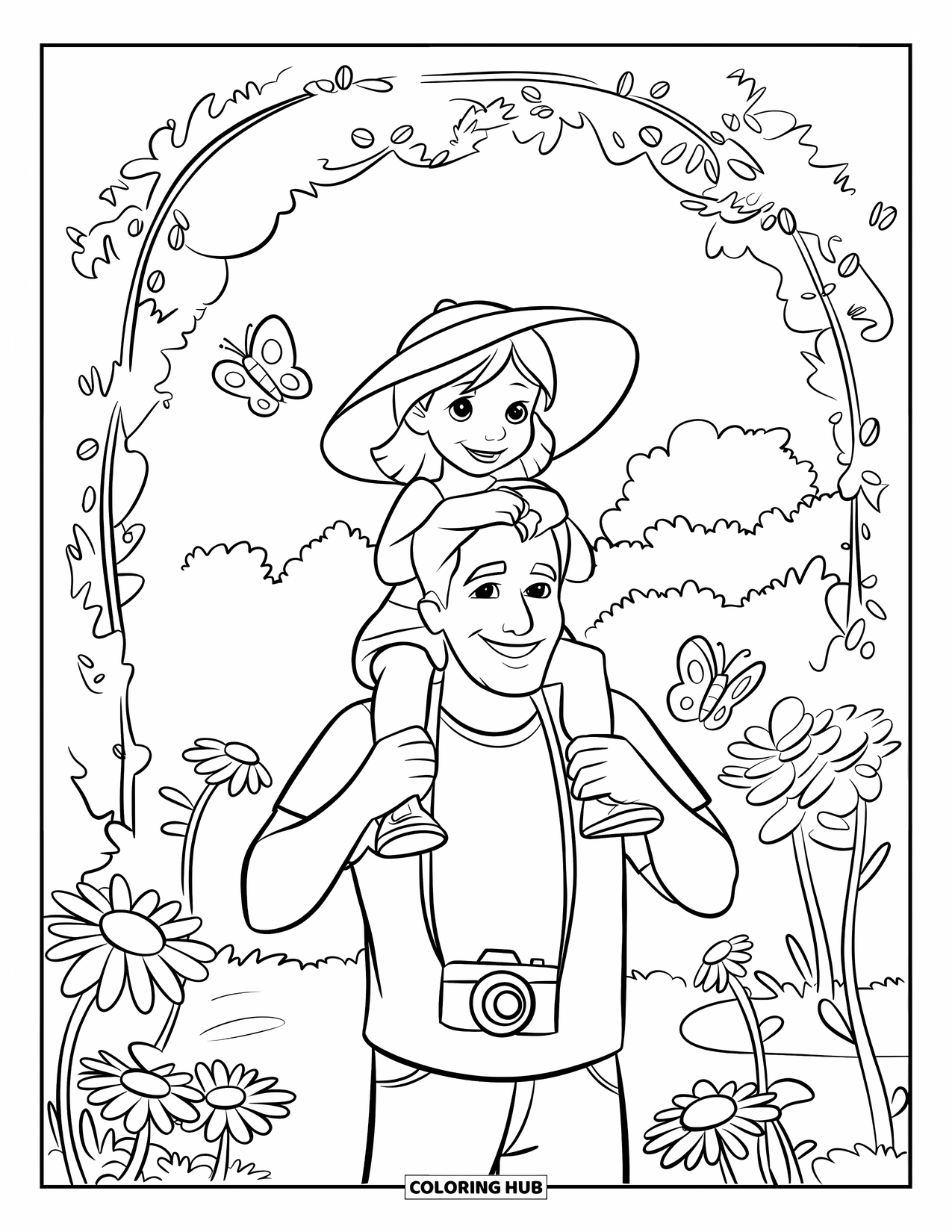 Dad And Daughter Coloring Page for Kids: Carrying his daughter, they stroll past butterflies and a vine-covered archway