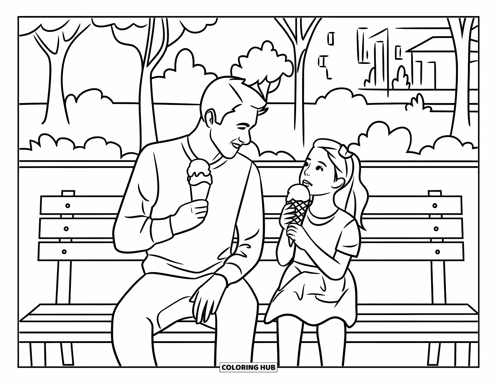 Dad And Daughter Coloring Page for Kids: Enjoying a sweet treat together under the trees in the park