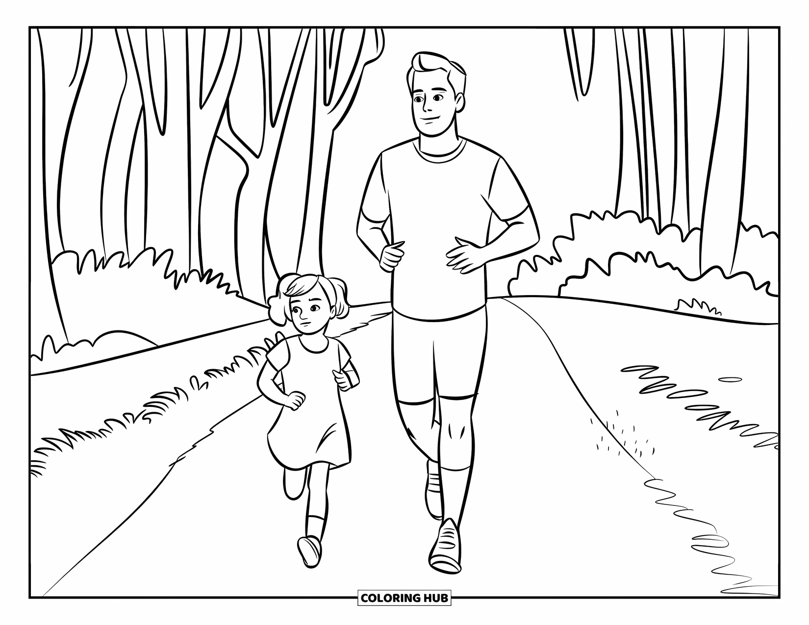 Dad And Daughter Coloring Page for Kids: Father and daughter run together on a trail surrounded by tall trees