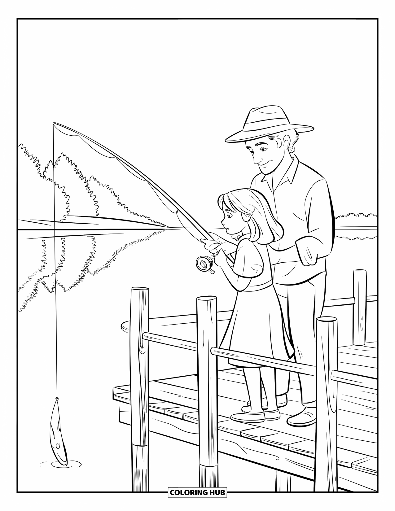 Dad And Daughter Coloring Page for Kids: Fishing side by side, the water reflects the calm trees