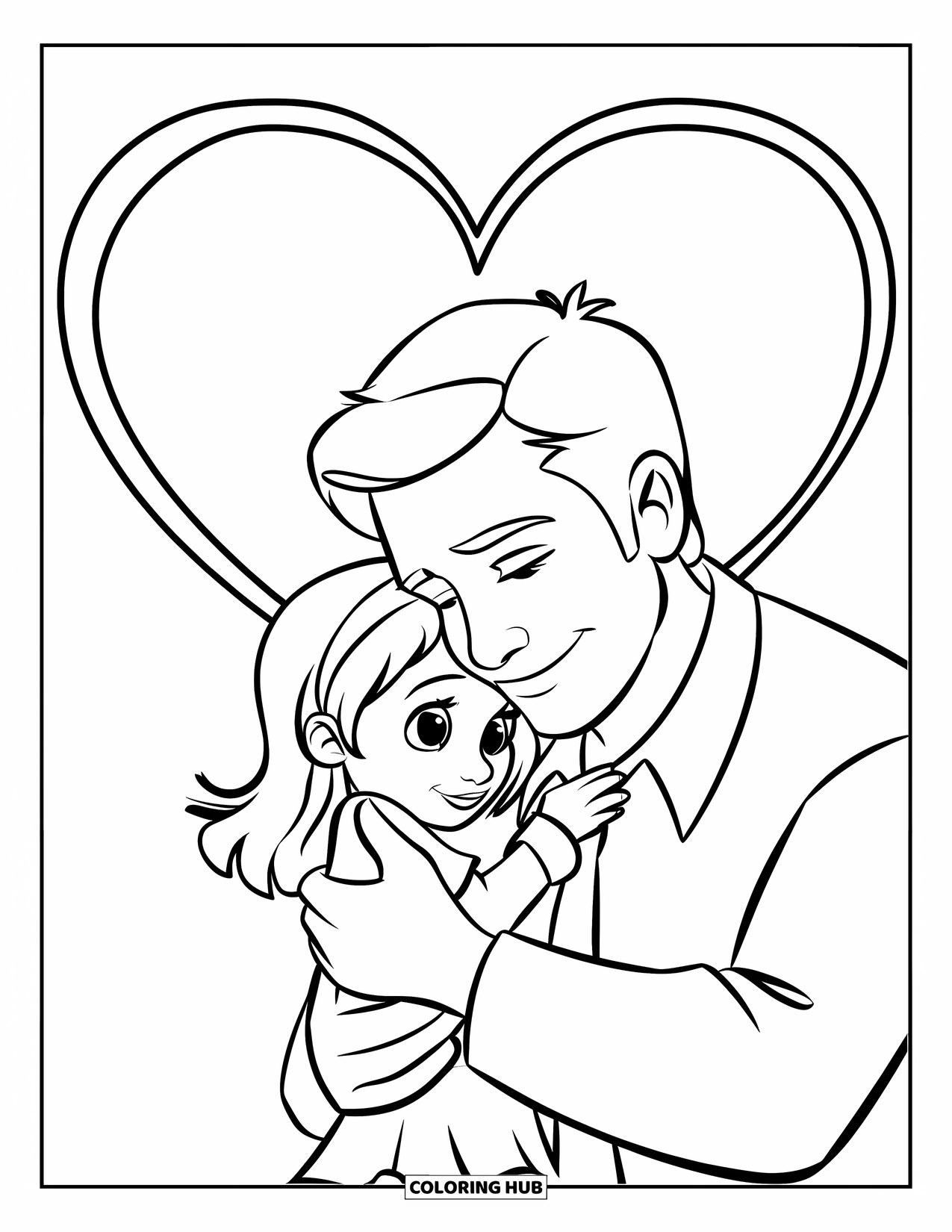 Dad And Daughter Coloring Page for Kids: He hugs his little girl tightly beneath a big heart