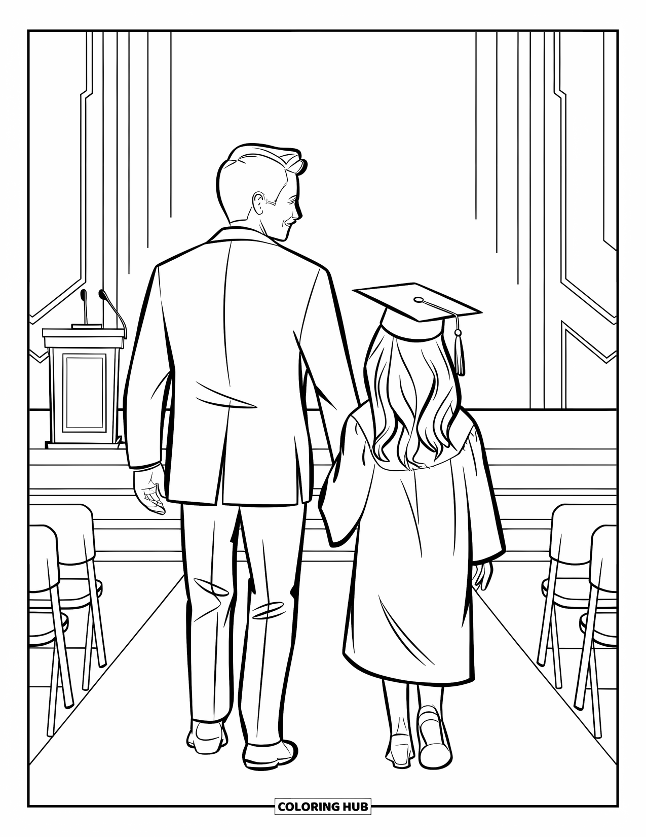 Dad And Daughter Coloring Page for Kids: He walks beside his graduating daughter near a podium and chairs