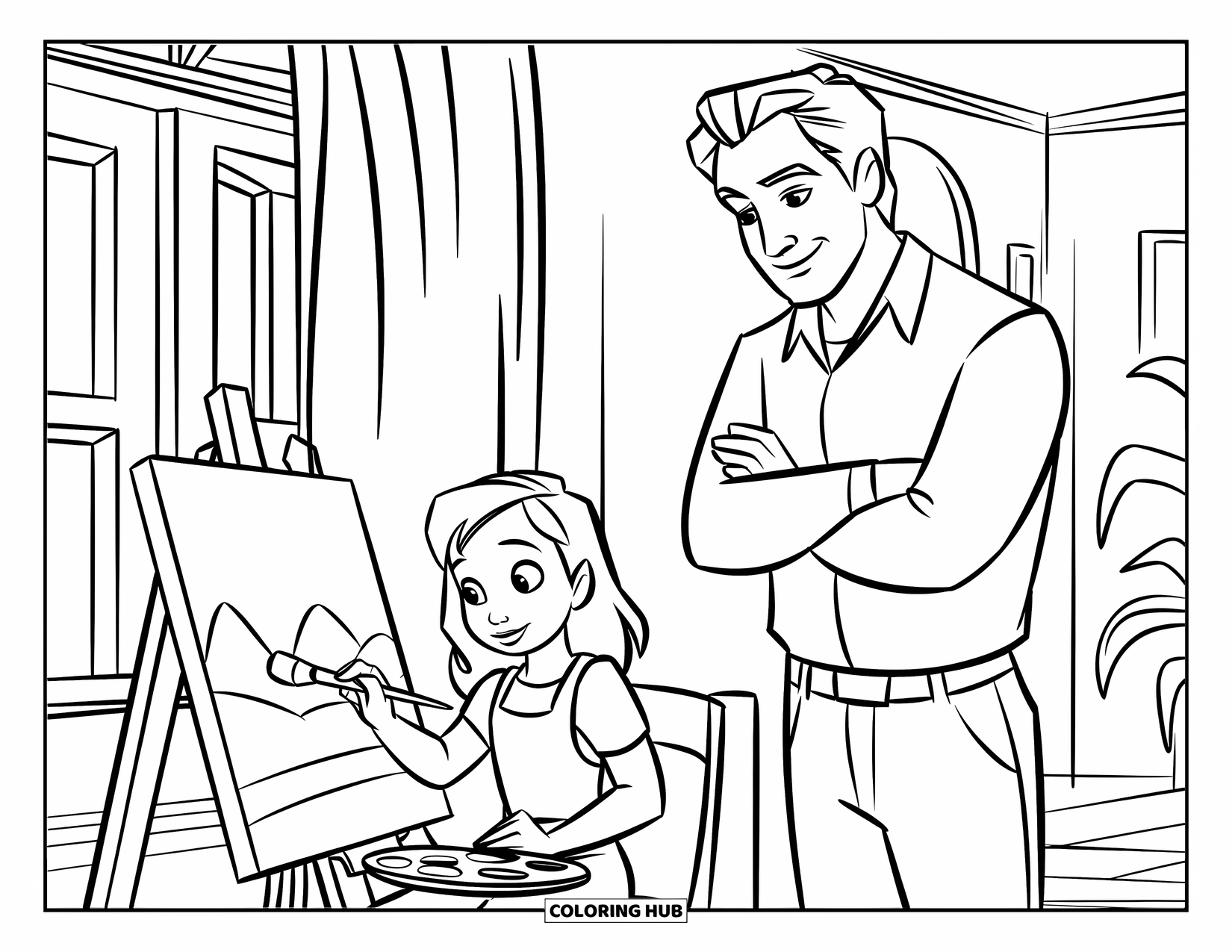 Dad And Daughter Coloring Page for Kids: She paints in a blue dress while he watches with folded arms