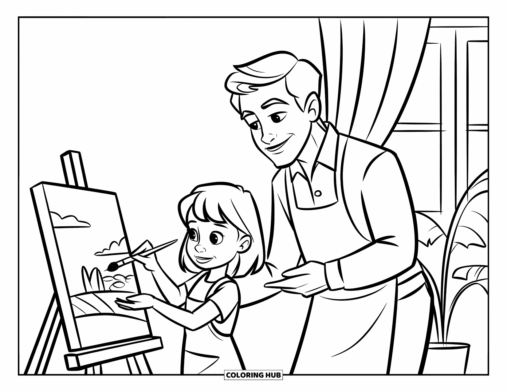 Dad And Daughter Coloring Page for Kids: She paints on a canvas while her dad proudly watches