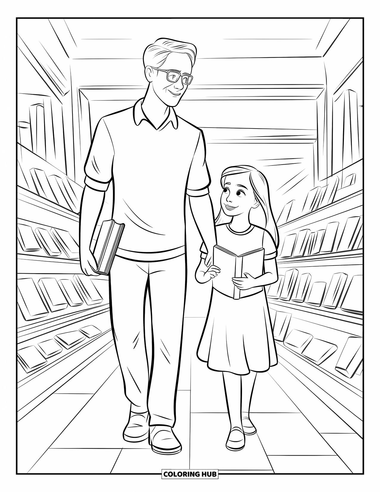 Dad And Daughter Coloring Page for Kids: They browse books together through cozy shelves in a quiet bookstore